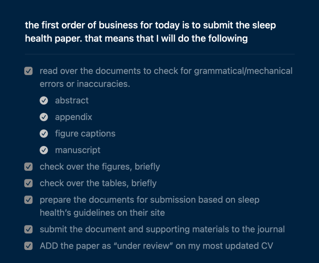 checklist showing a page within the main interstitial journaling page